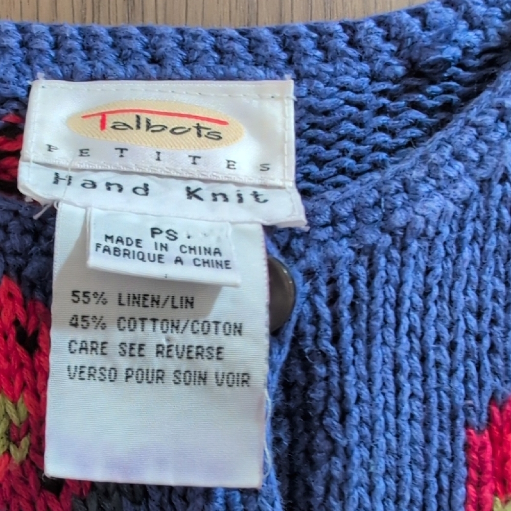 Talbots Blue Knit Cardigan with Red Accents - Picture 2 of 4